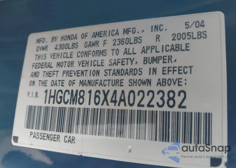 2004 Honda Accord 3.0 Ex from USA, damaged, VIN 1HGCM816X4A022382